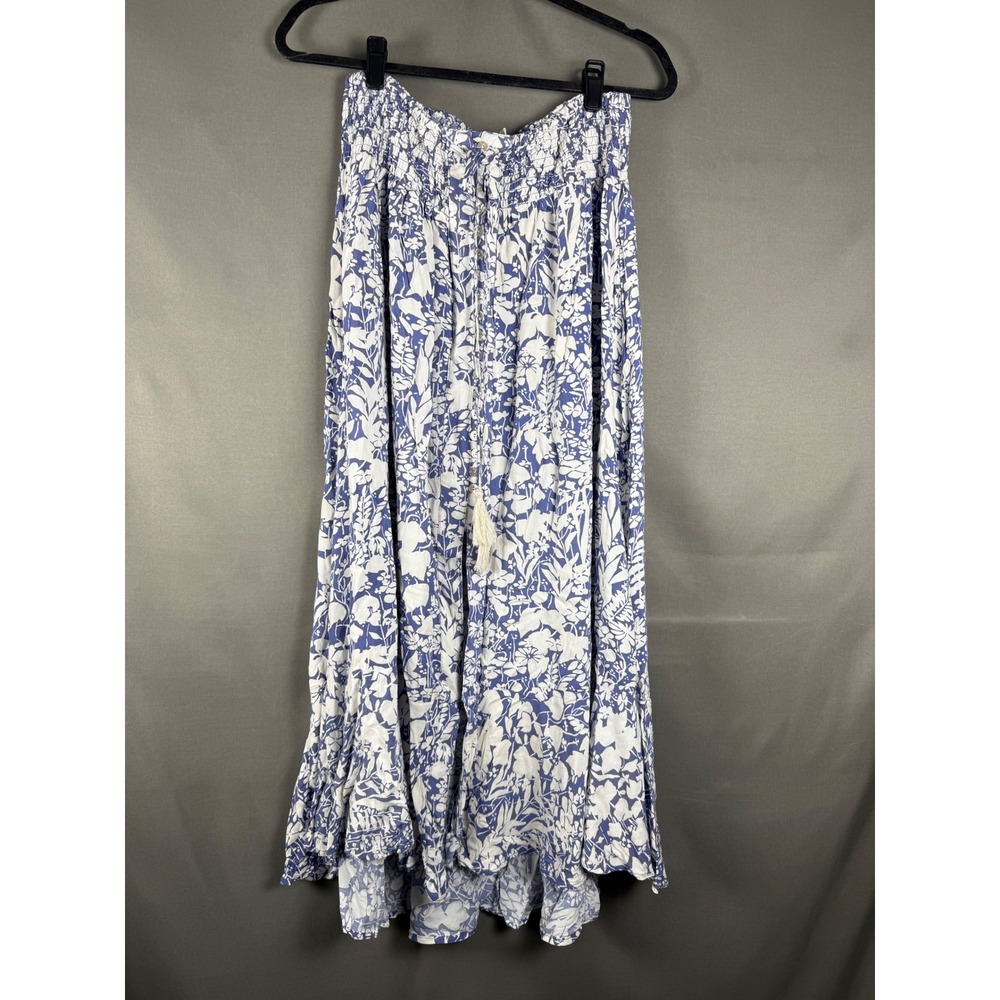 Cynthia Rowley Maxi Skirt Womens L Blue White Floral Smocked Button High Low